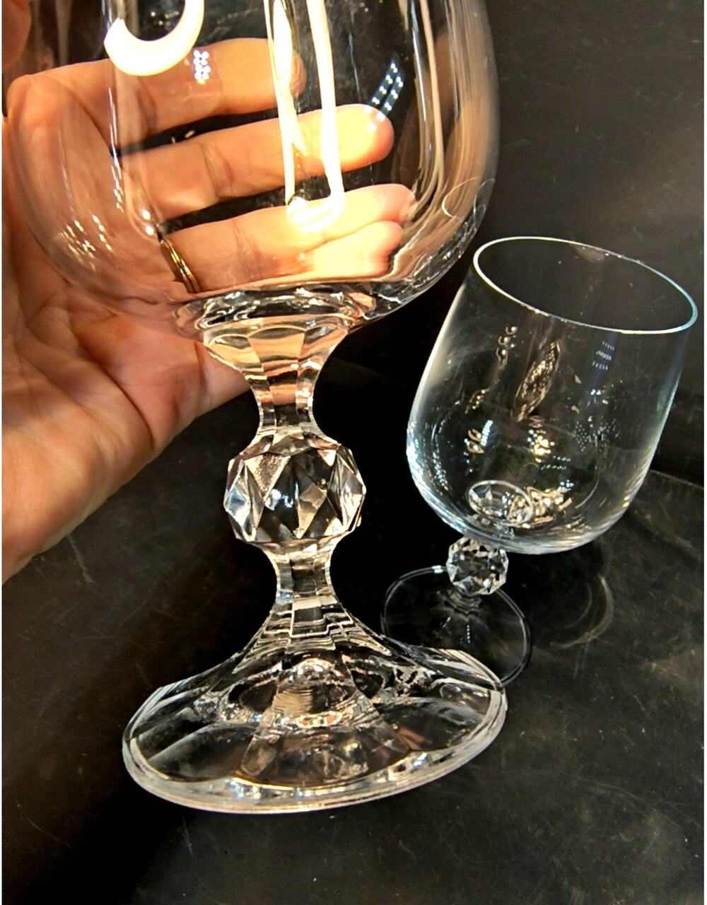 2125. Set of 2 Claudia Vintage Czech Bohemian Crystal Ball Stemmed Wine Glasses